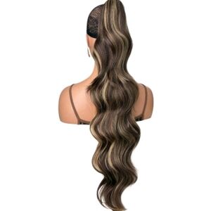 Long Wavy Clip-In Ponytail with Highlighted Brown Tones 30 Inch